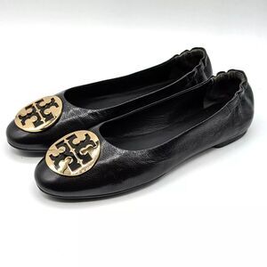 Tory Burch Claire Women's Ballet Flat Leather Shoes - Black, Gold NEW
